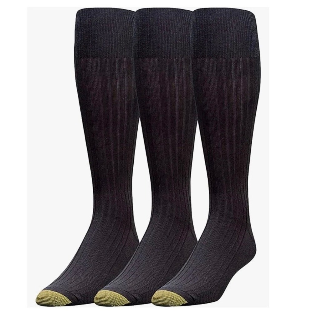Gold Toe Canterbury Socks Mens 6-12.5 Black Over The Calf Ribbed Dress 3-Pk OTC